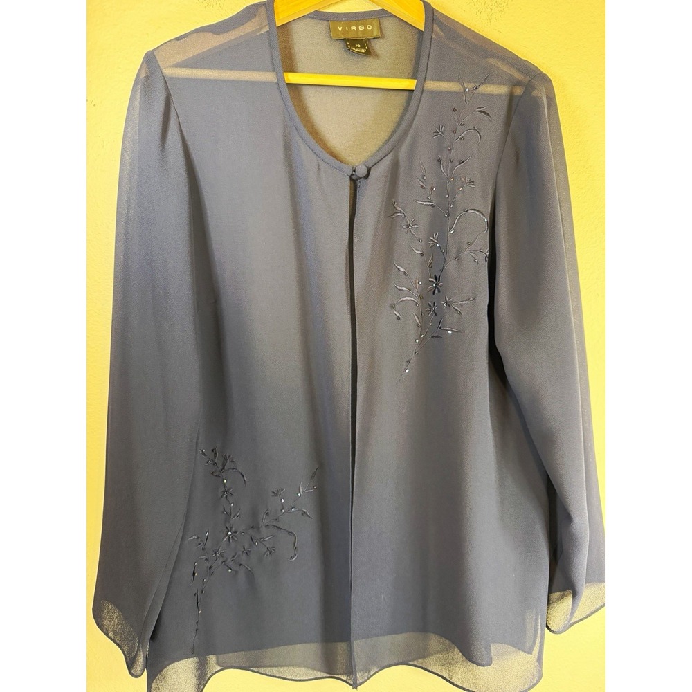 Virgo Women's Navy Blue Sheer Chiffon Embroidered Beaded V-Neck Blouse 10